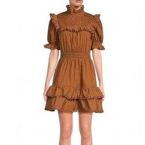 Stellah Brown Ruffled Eyelet Mini Dress